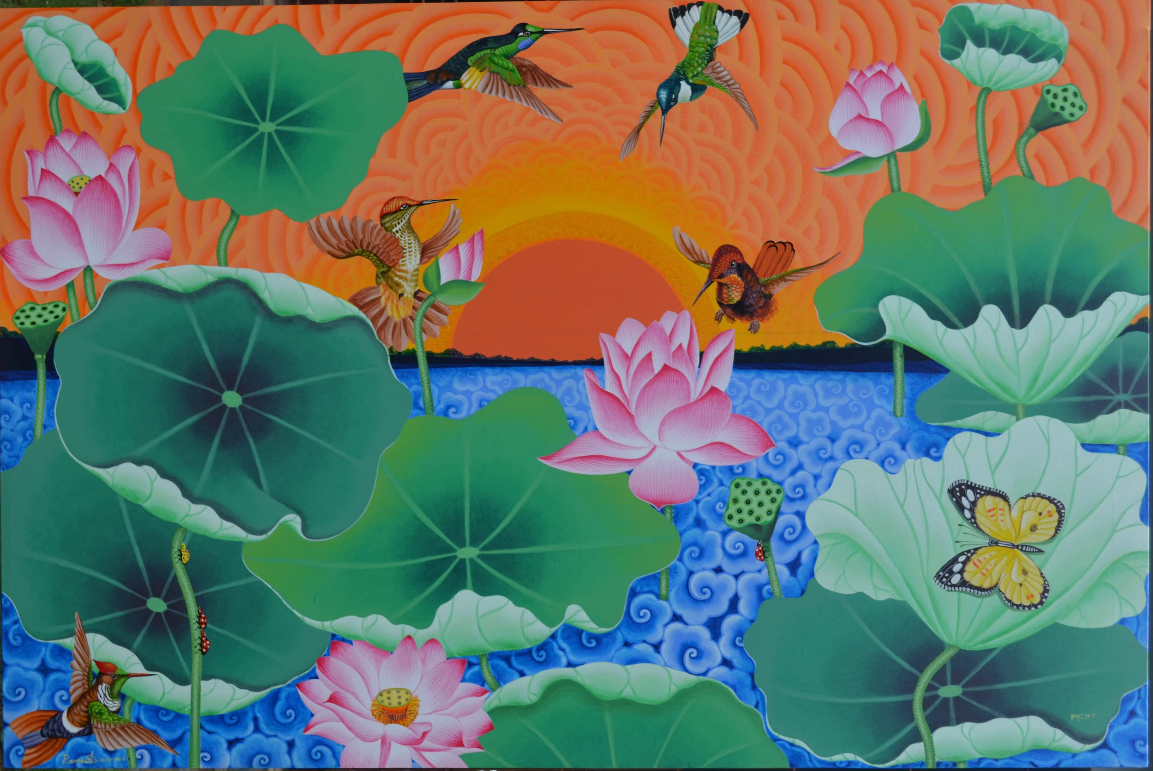 Sun Bird Playing in the Lotus Pond